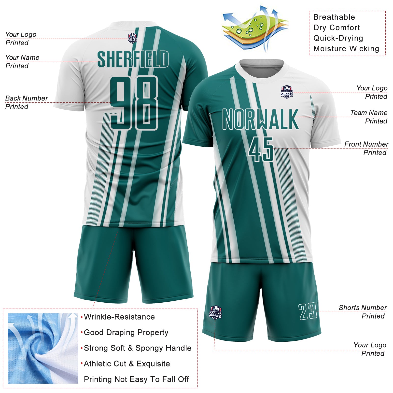 Custom White Teal Lines Sports Sublimation Soccer Uniform Jersey