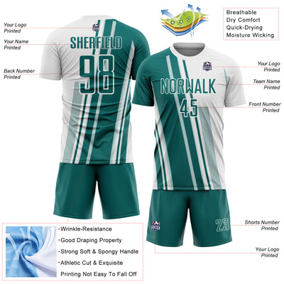 Custom White Teal Lines Sports Sublimation Soccer Uniform Jersey