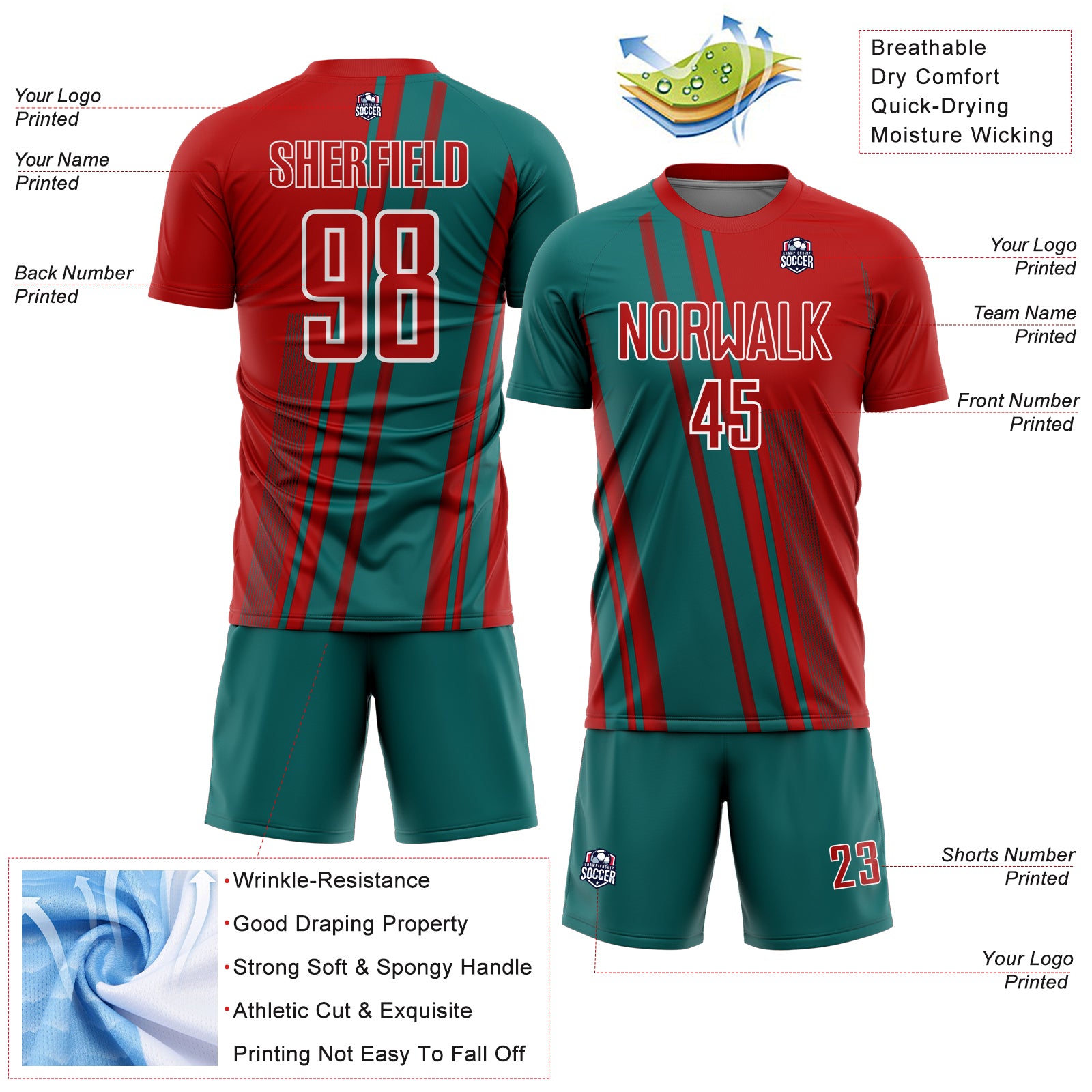 Custom Red Teal-White Lines Sports Sublimation Soccer Uniform Jersey