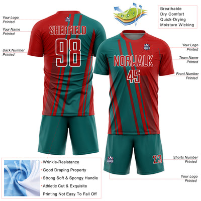 Custom Red Teal-White Lines Sports Sublimation Soccer Uniform Jersey
