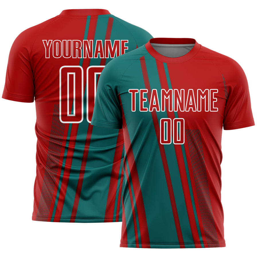 Custom Red Teal-White Lines Sports Sublimation Soccer Uniform Jersey