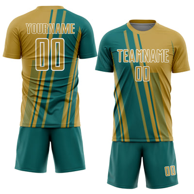 Custom Old Gold Teal-White Lines Sports Sublimation Soccer Uniform Jersey