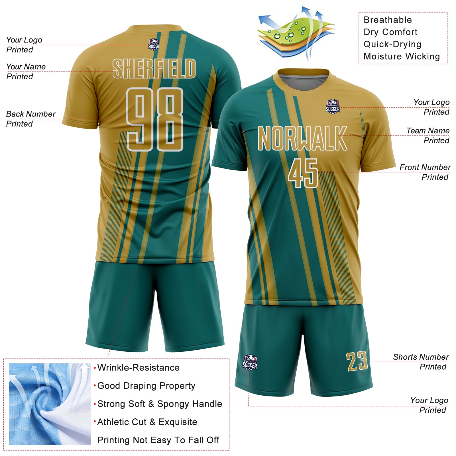 Custom Old Gold Teal-White Lines Sports Sublimation Soccer Uniform Jersey