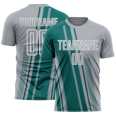Custom Gray Teal-White Lines Sports Sublimation Soccer Uniform Jersey