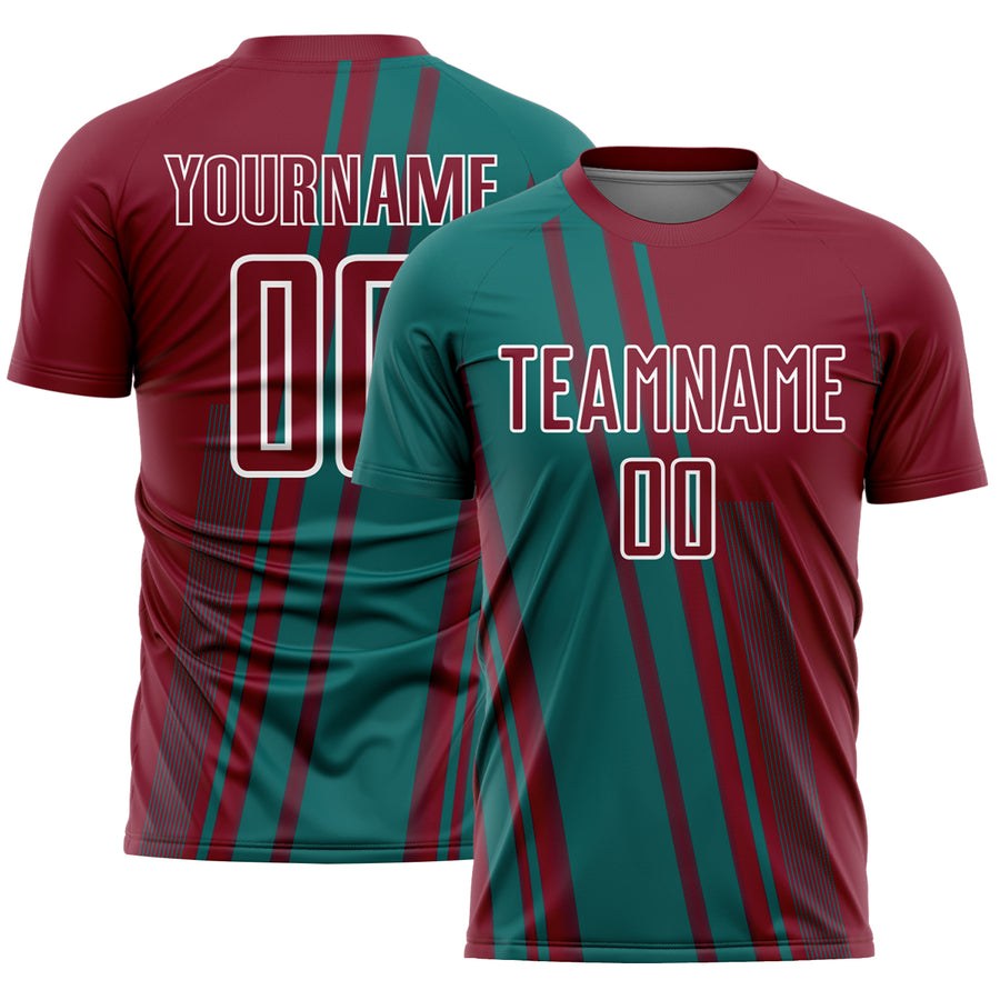 Custom Crimson Teal-White Lines Sports Sublimation Soccer Uniform Jersey