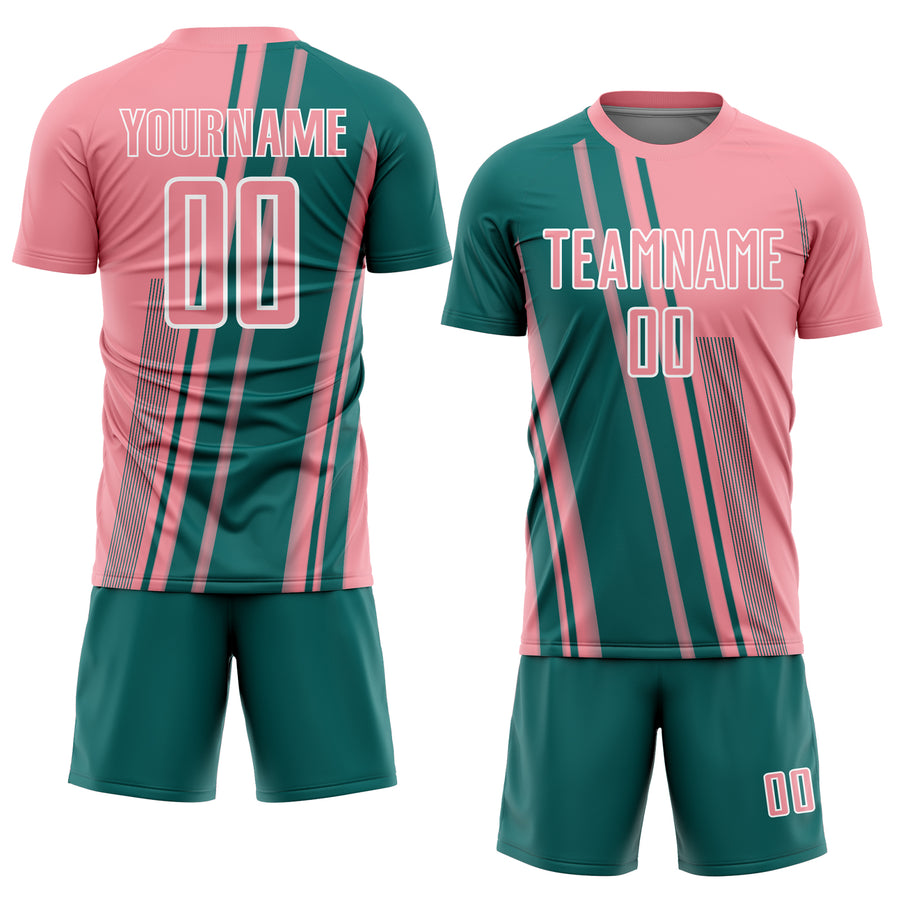 Custom Medium Pink Teal-White Lines Sports Sublimation Soccer Uniform Jersey
