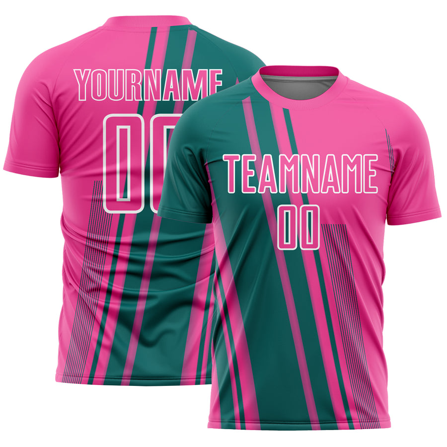 Custom Pink Teal-White Lines Sports Sublimation Soccer Uniform Jersey
