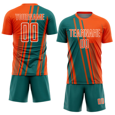 Custom Orange Teal-White Lines Sports Sublimation Soccer Uniform Jersey