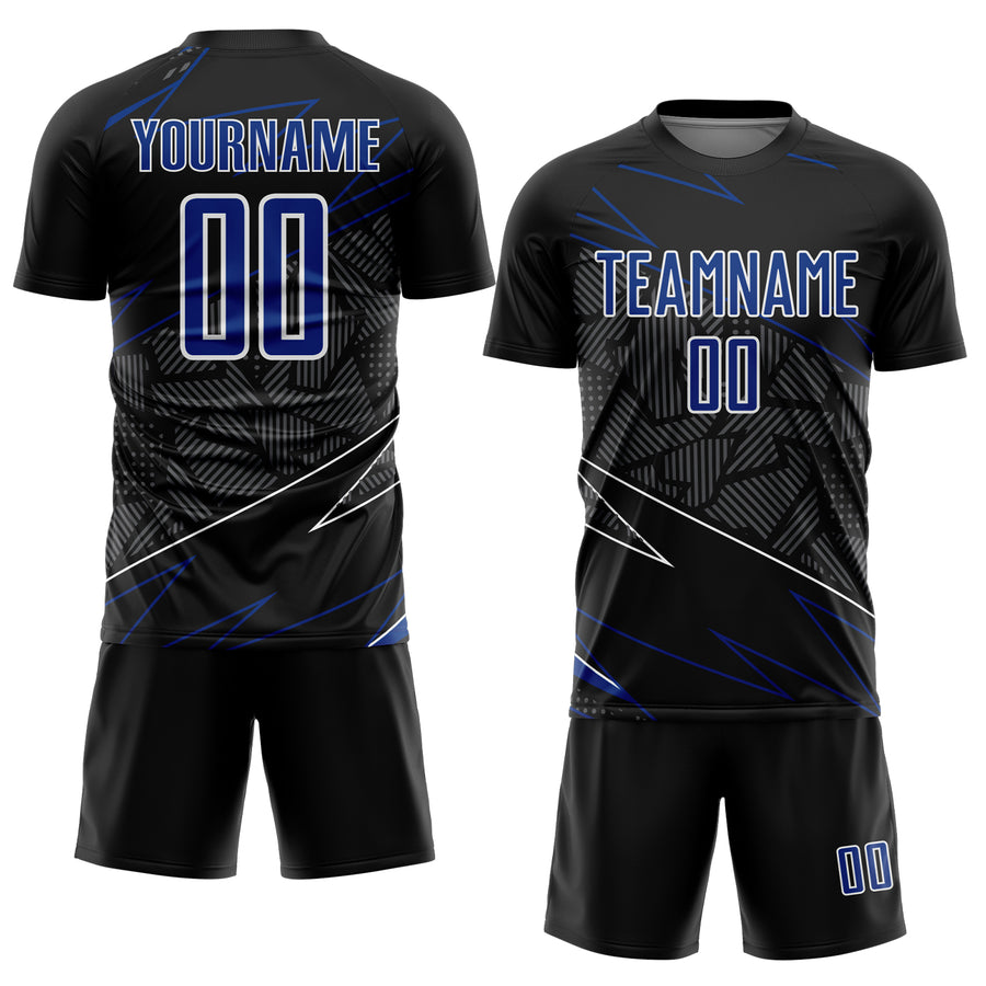 Custom Black Royal-White Lines Sports Sublimation Soccer Uniform Jersey