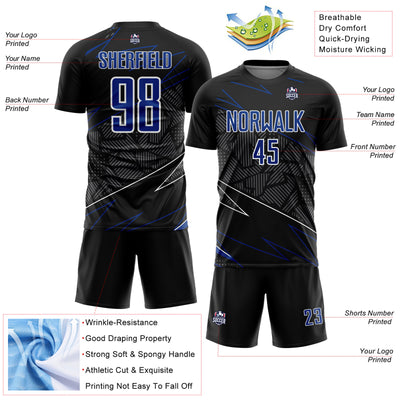 Custom Black Royal-White Lines Sports Sublimation Soccer Uniform Jersey