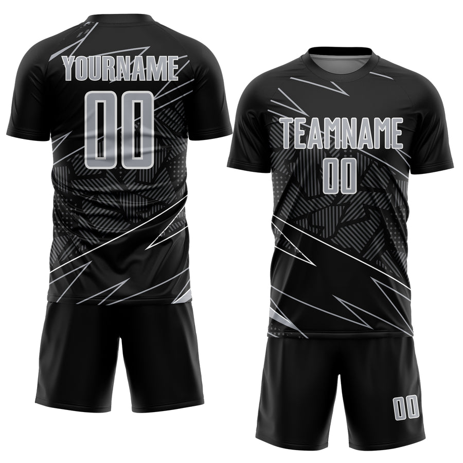 Custom Black Gray-White Lines Sports Sublimation Soccer Uniform Jersey