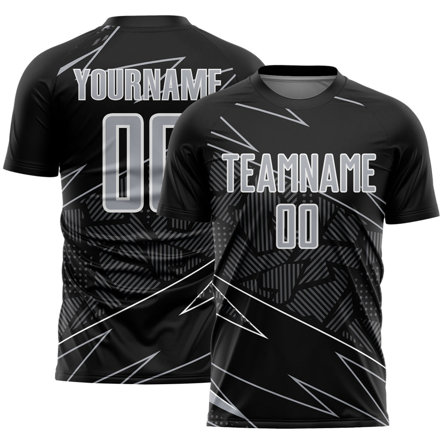 Custom Black Gray-White Lines Sports Sublimation Soccer Uniform Jersey