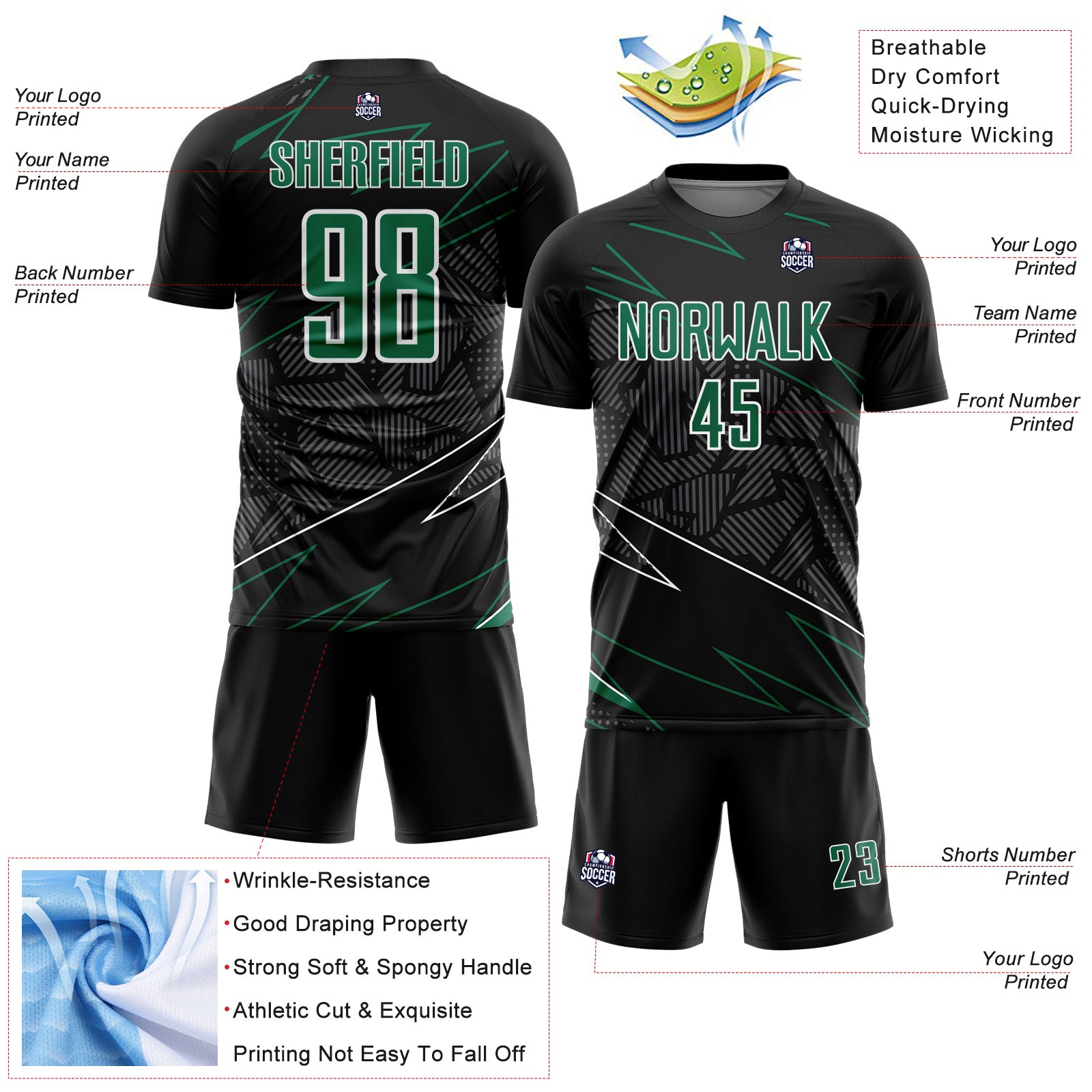 Custom Black Kelly Green-White Lines Sports Sublimation Soccer Uniform Jersey