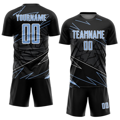 Custom Black Light Blue-White Lines Sports Sublimation Soccer Uniform Jersey