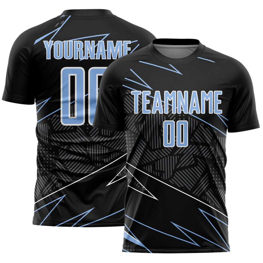 Custom Black Light Blue-White Lines Sports Sublimation Soccer Uniform Jersey