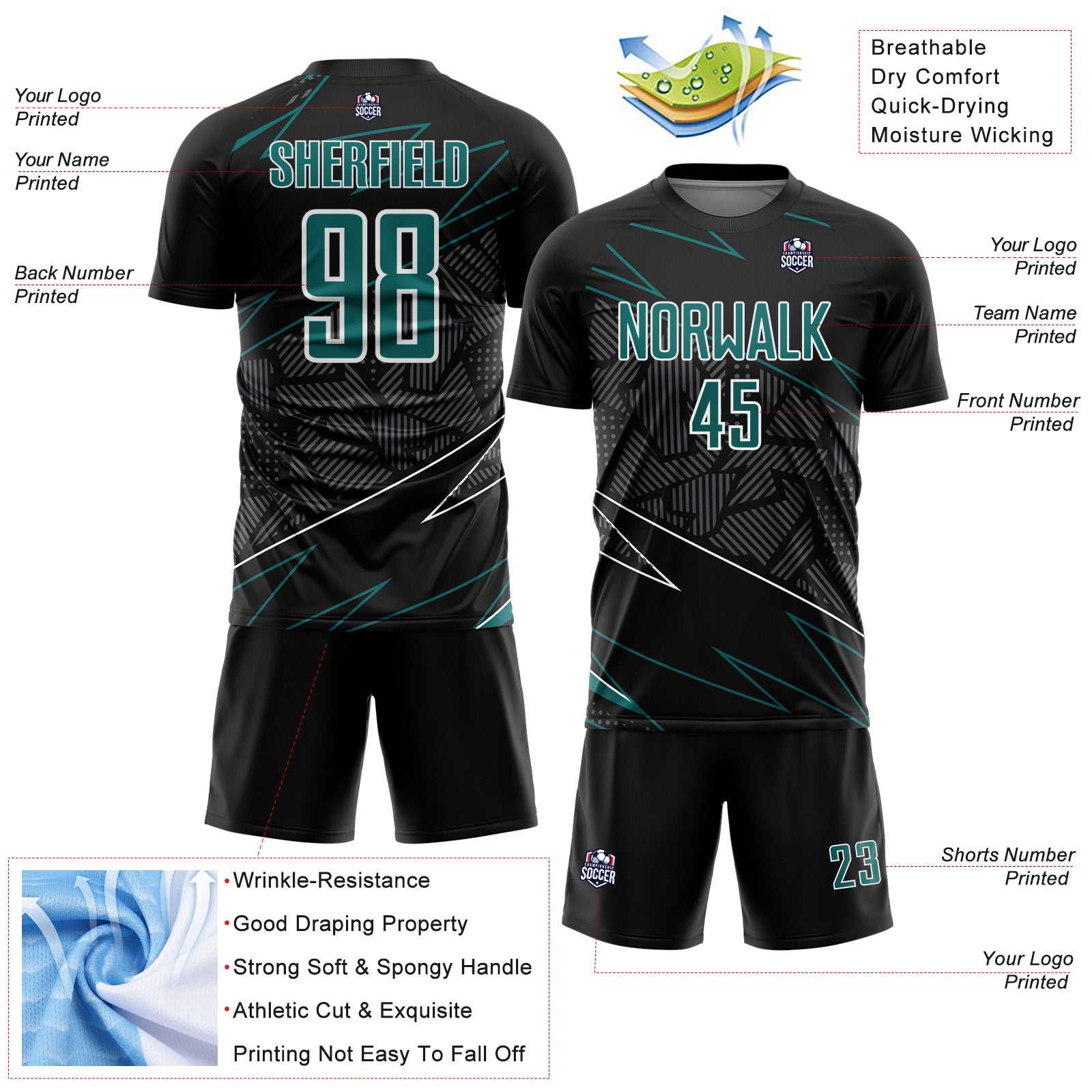 Custom Black Teal-White Lines Sports Sublimation Soccer Uniform Jersey
