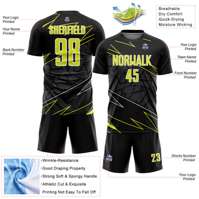 Custom Black Neon Yellow-White Lines Sports Sublimation Soccer Uniform Jersey