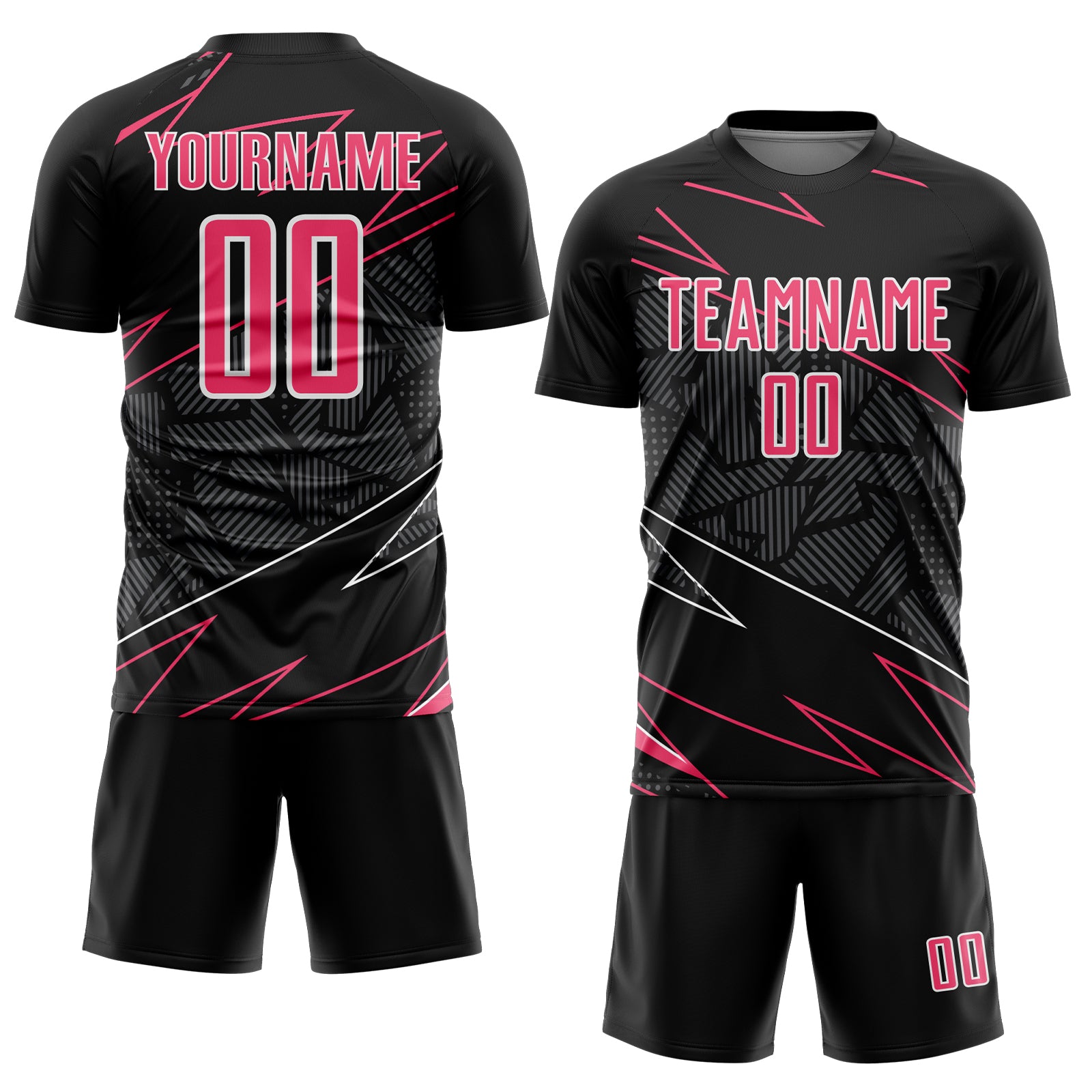 Custom Black Neon Pink-White Lines Sports Sublimation Soccer Uniform Jersey
