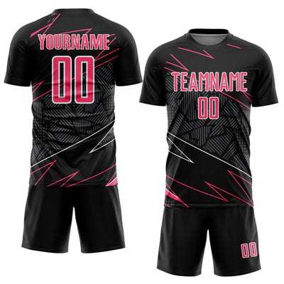 Custom Black Neon Pink-White Lines Sports Sublimation Soccer Uniform Jersey