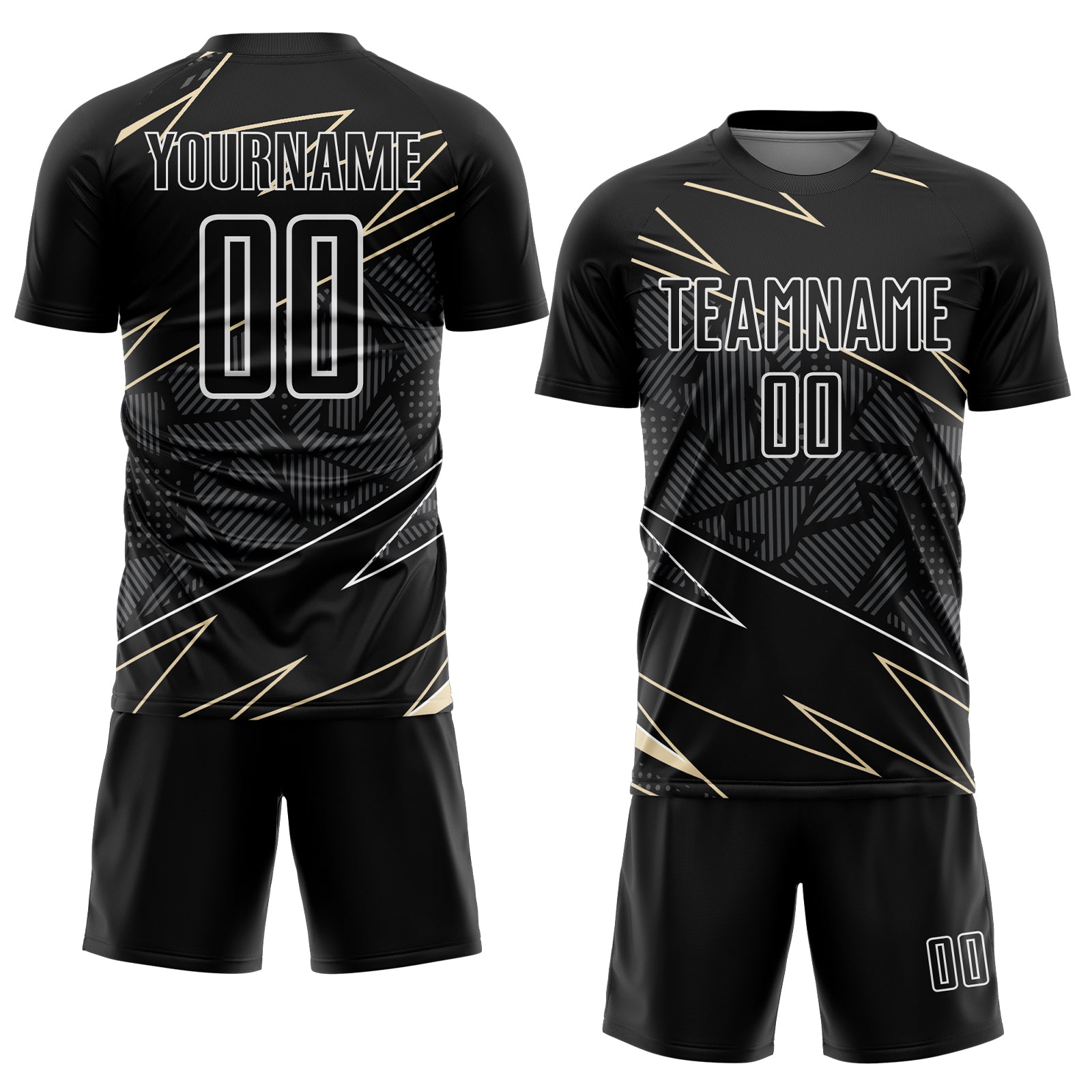 Custom Black Cream-White Lines Sports Sublimation Soccer Uniform Jersey