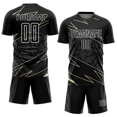 Custom Black Cream-White Lines Sports Sublimation Soccer Uniform Jersey