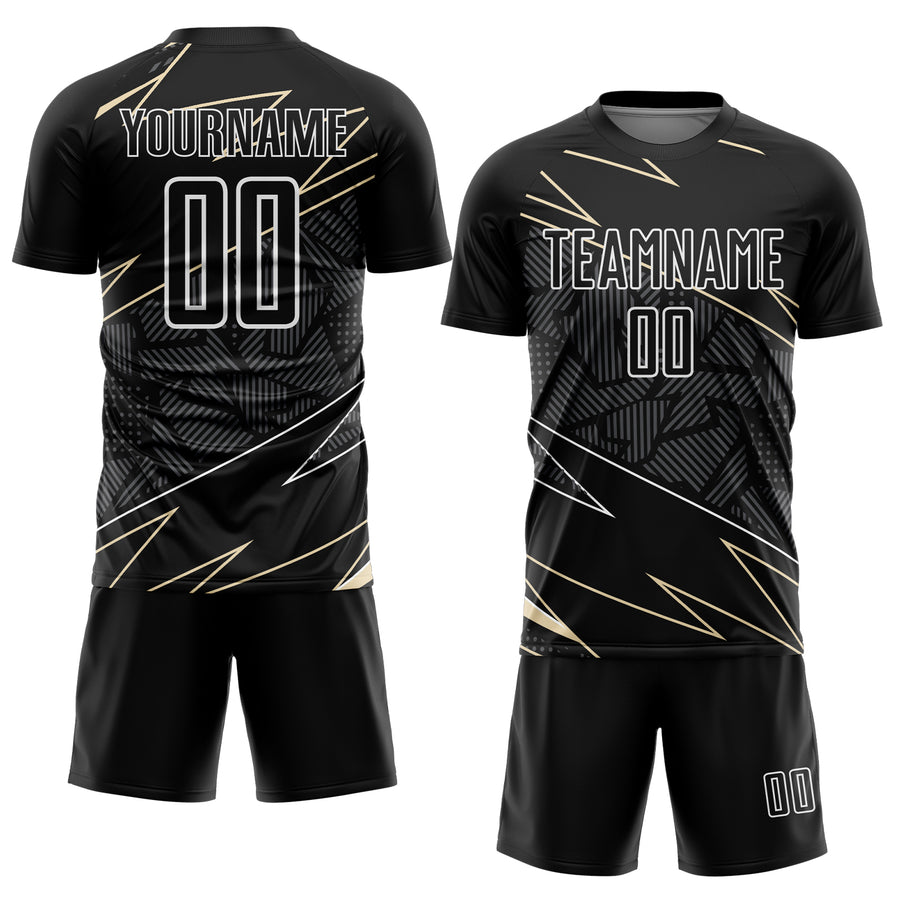 Custom Black Cream-White Lines Sports Sublimation Soccer Uniform Jersey