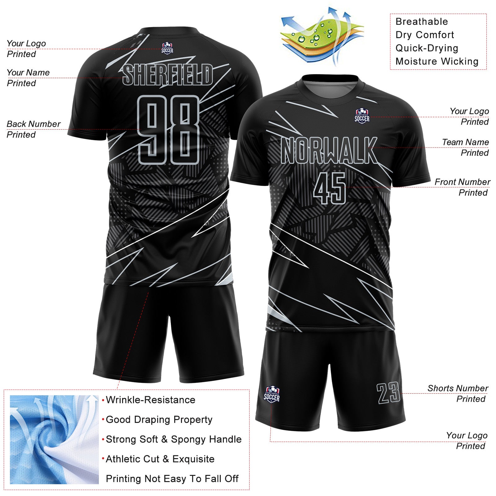 Custom Black Silver Lines Sports Sublimation Soccer Uniform Jersey