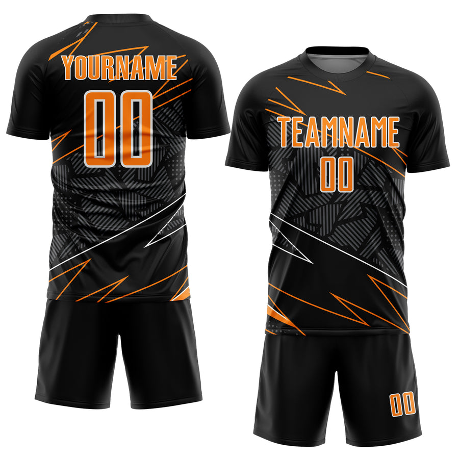 Custom Black Bay Orange-White Lines Sports Sublimation Soccer Uniform Jersey