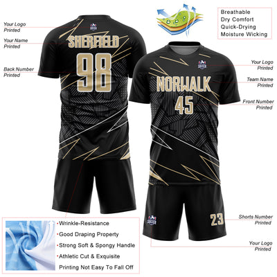 Custom Black Vegas Gold-White Lines Sports Sublimation Soccer Uniform Jersey