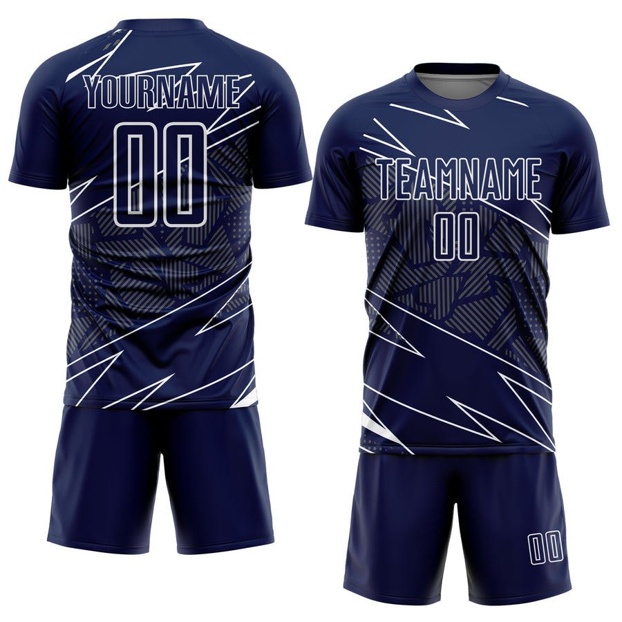 Custom Navy White Lines Sports Sublimation Soccer Uniform Jersey