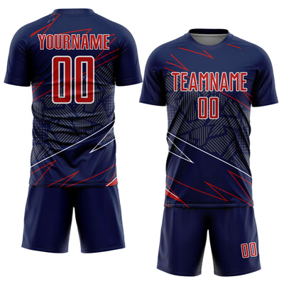 Custom Navy Red-White Lines Sports Sublimation Soccer Uniform Jersey