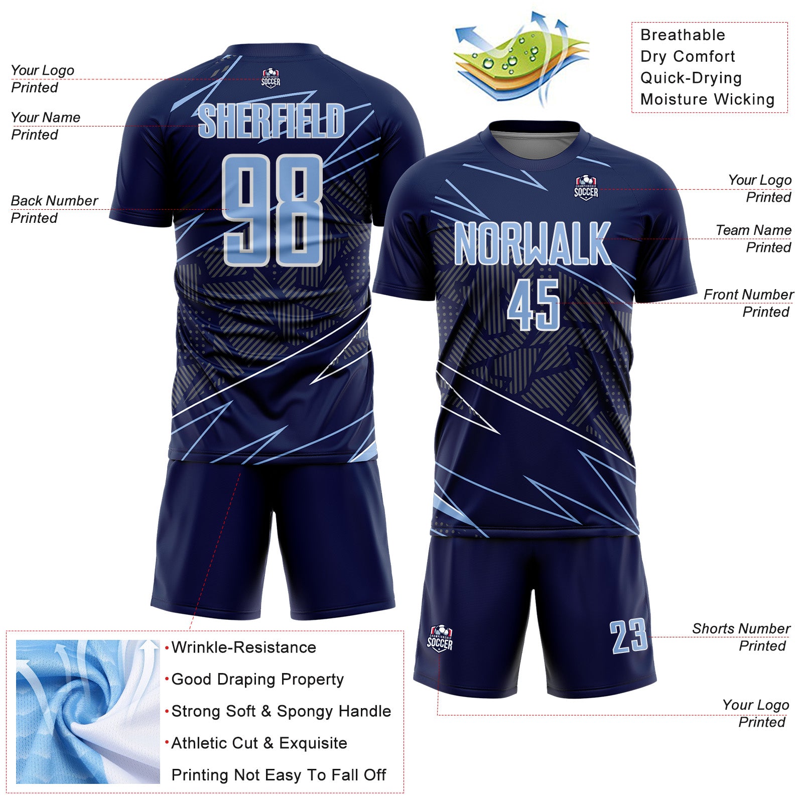 Custom Navy Light Blue-White Lines Sports Sublimation Soccer Uniform Jersey