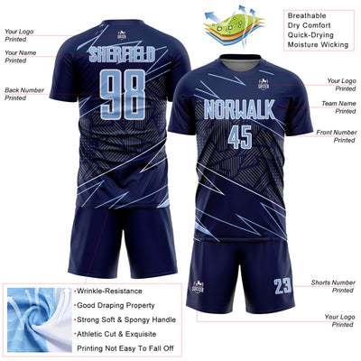 Custom Navy Light Blue-White Lines Sports Sublimation Soccer Uniform Jersey