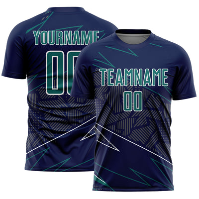 Custom Navy Teal-White Lines Sports Sublimation Soccer Uniform Jersey
