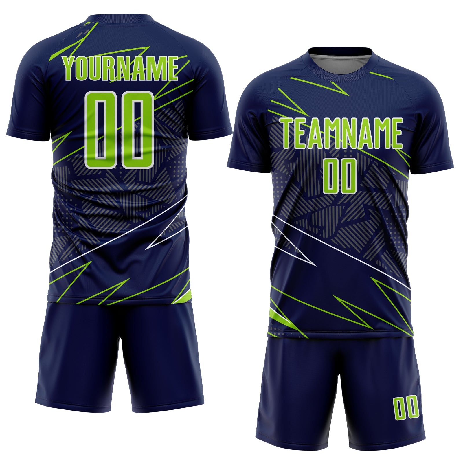 Custom Navy Neon Green-White Lines Sports Sublimation Soccer Uniform Jersey