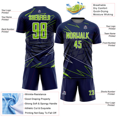 Custom Navy Neon Green-White Lines Sports Sublimation Soccer Uniform Jersey