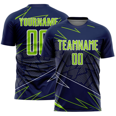 Custom Navy Neon Green-White Lines Sports Sublimation Soccer Uniform Jersey