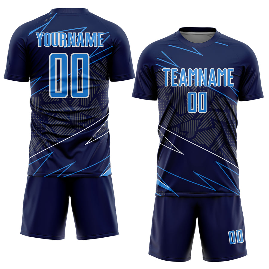 Custom Navy Powder Blue-White Lines Sports Sublimation Soccer Uniform Jersey