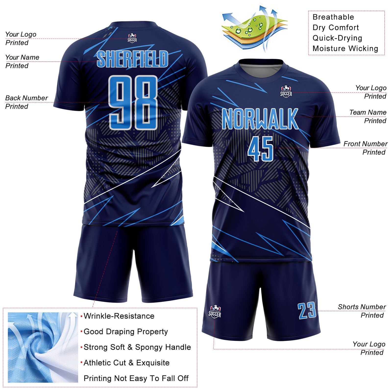 Custom Navy Powder Blue-White Lines Sports Sublimation Soccer Uniform Jersey