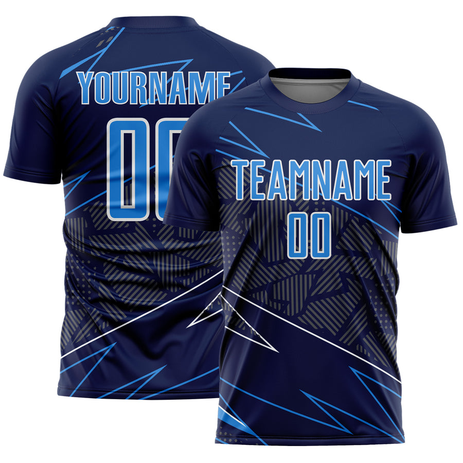 Custom Navy Powder Blue-White Lines Sports Sublimation Soccer Uniform Jersey