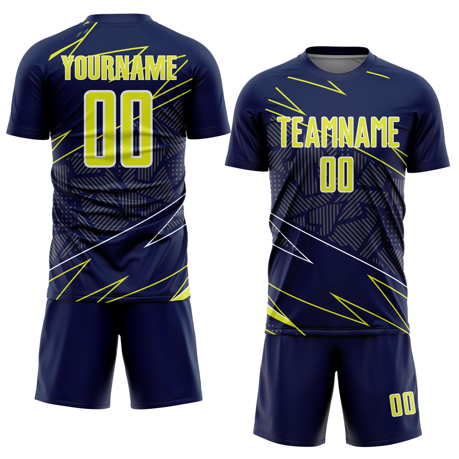 Custom Navy Neon Yellow-White Lines Sports Sublimation Soccer Uniform Jersey