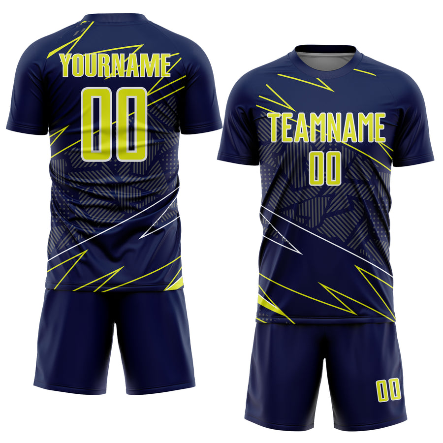 Custom Navy Neon Yellow-White Lines Sports Sublimation Soccer Uniform Jersey