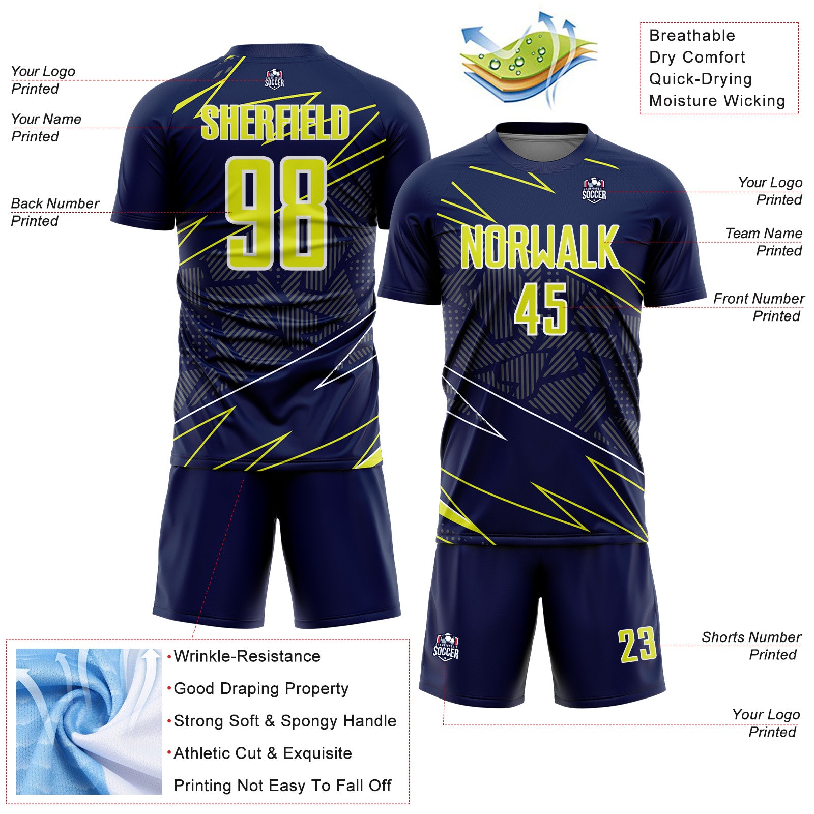 Custom Navy Neon Yellow-White Lines Sports Sublimation Soccer Uniform Jersey