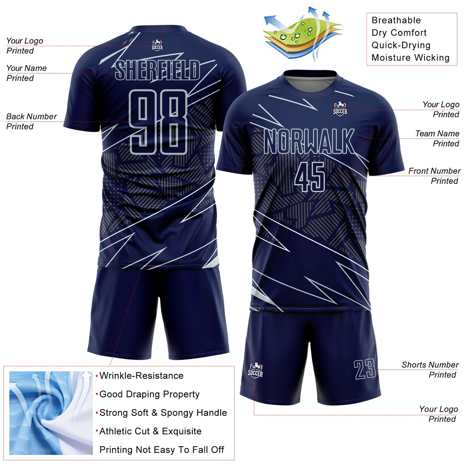 Custom Navy Silver Lines Sports Sublimation Soccer Uniform Jersey