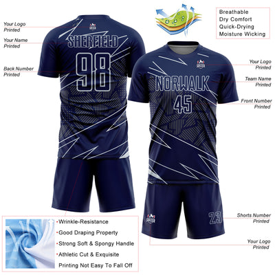 Custom Navy Silver Lines Sports Sublimation Soccer Uniform Jersey