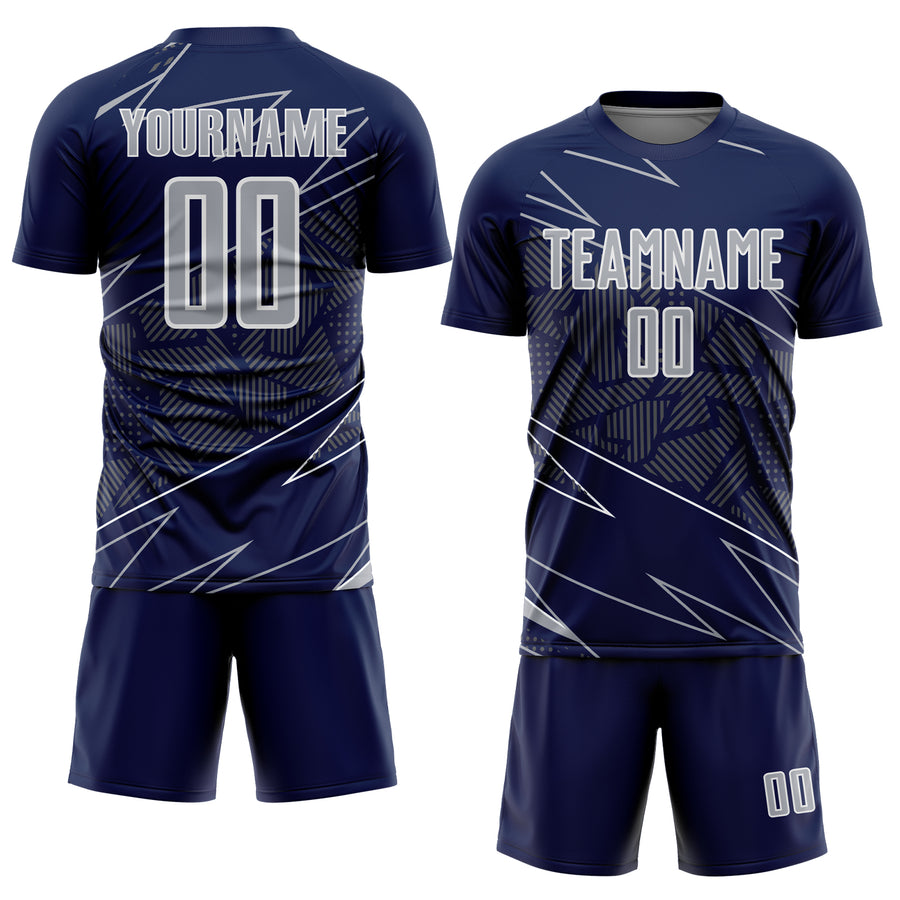 Custom Navy Gray-White Lines Sports Sublimation Soccer Uniform Jersey