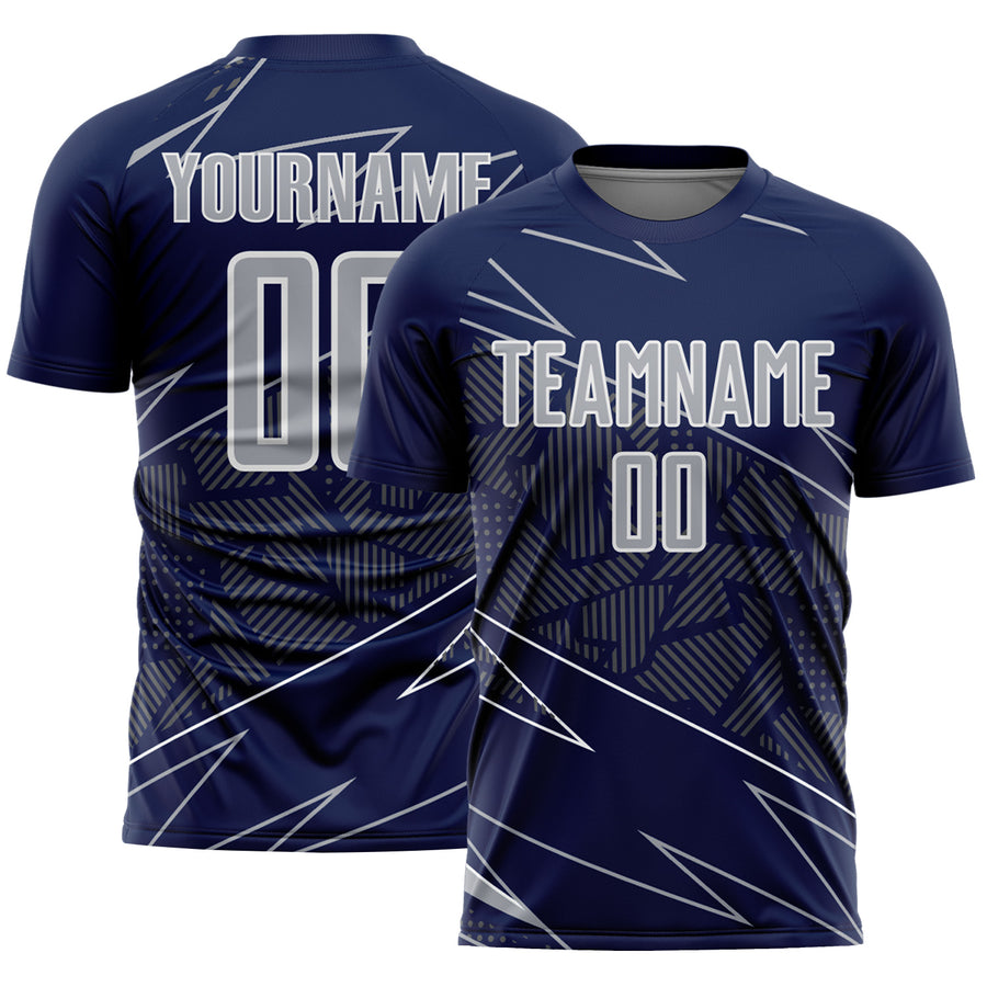 Custom Navy Gray-White Lines Sports Sublimation Soccer Uniform Jersey