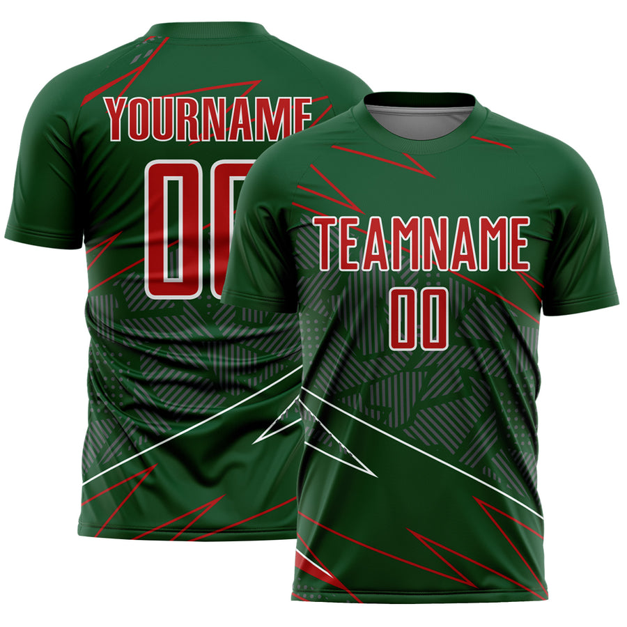 Custom Green Red-White Lines Sports Sublimation Soccer Uniform Jersey