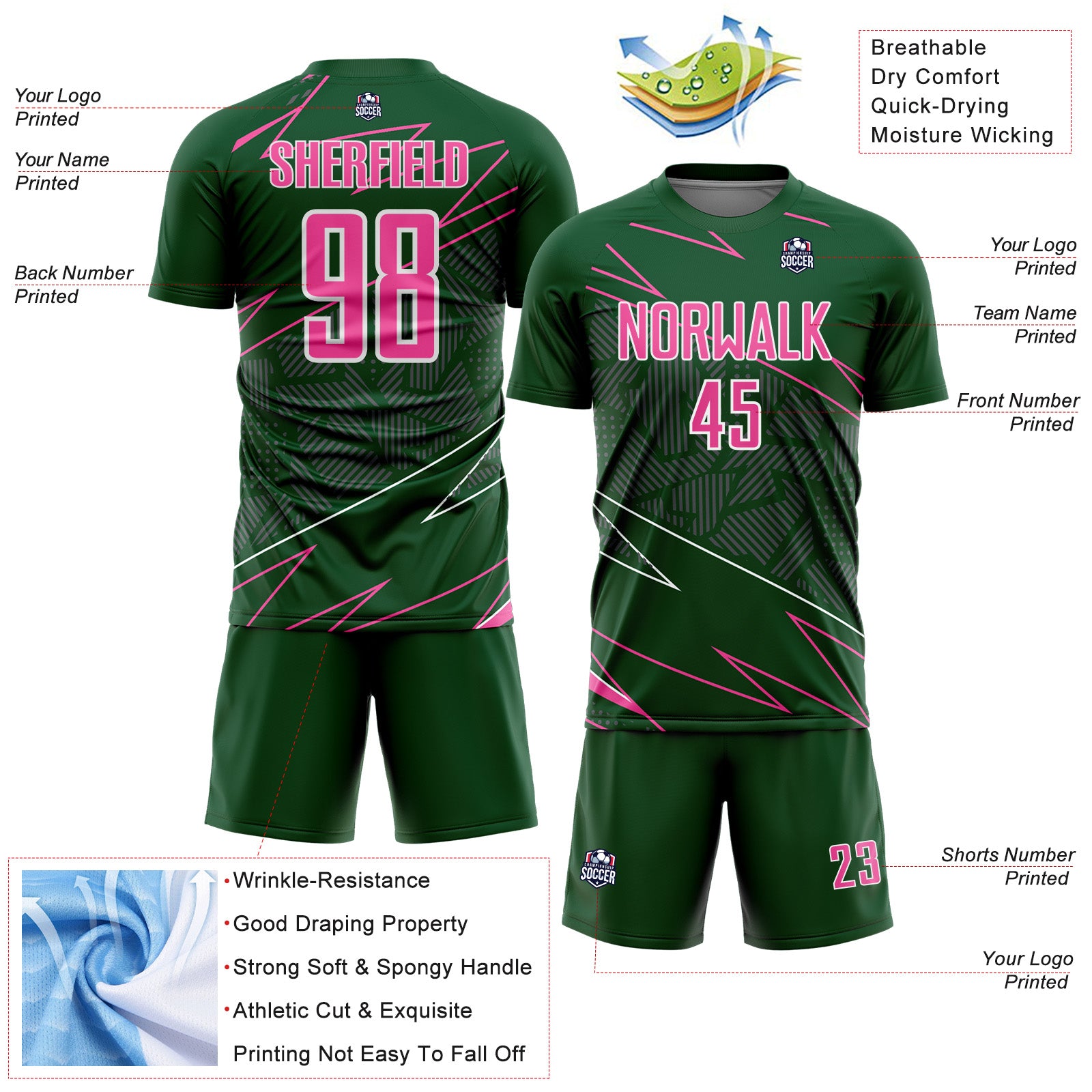Custom Green Pink-White Lines Sports Sublimation Soccer Uniform Jersey