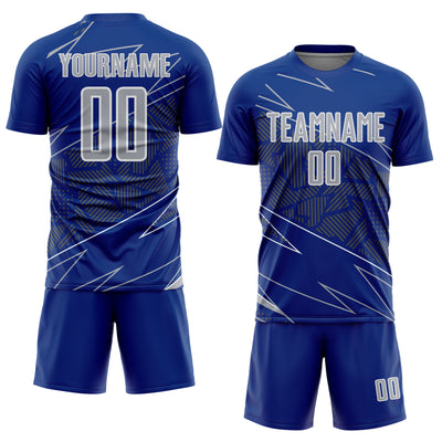 Custom Royal Gray-White Lines Sports Sublimation Soccer Uniform Jersey
